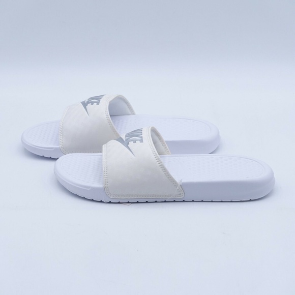NEW Nike Benassi JDI Swoosh Slide Sandals 343881-102 White/Silver - Picture 3 of 8